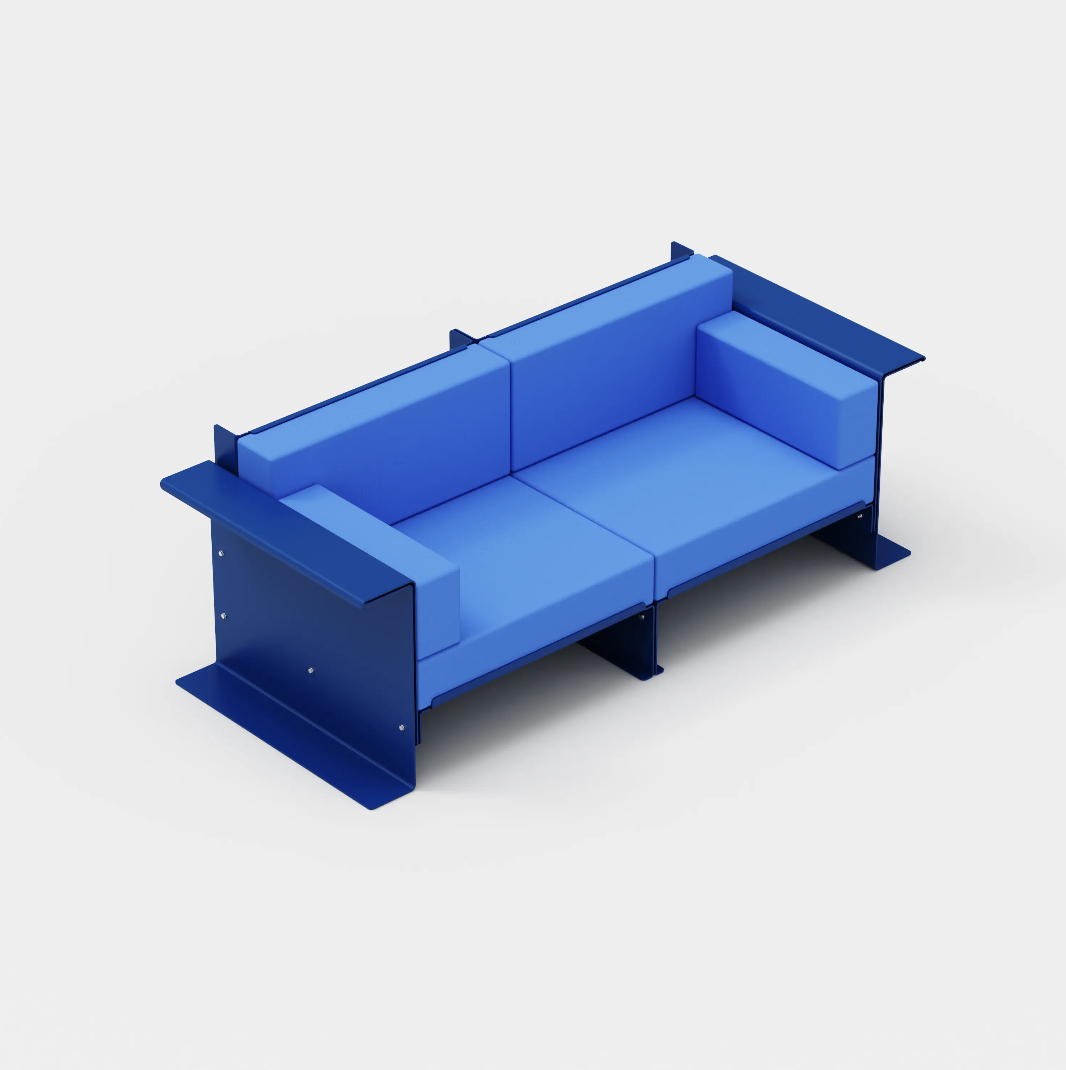 Image of one of the blue two seater chairs we sell.